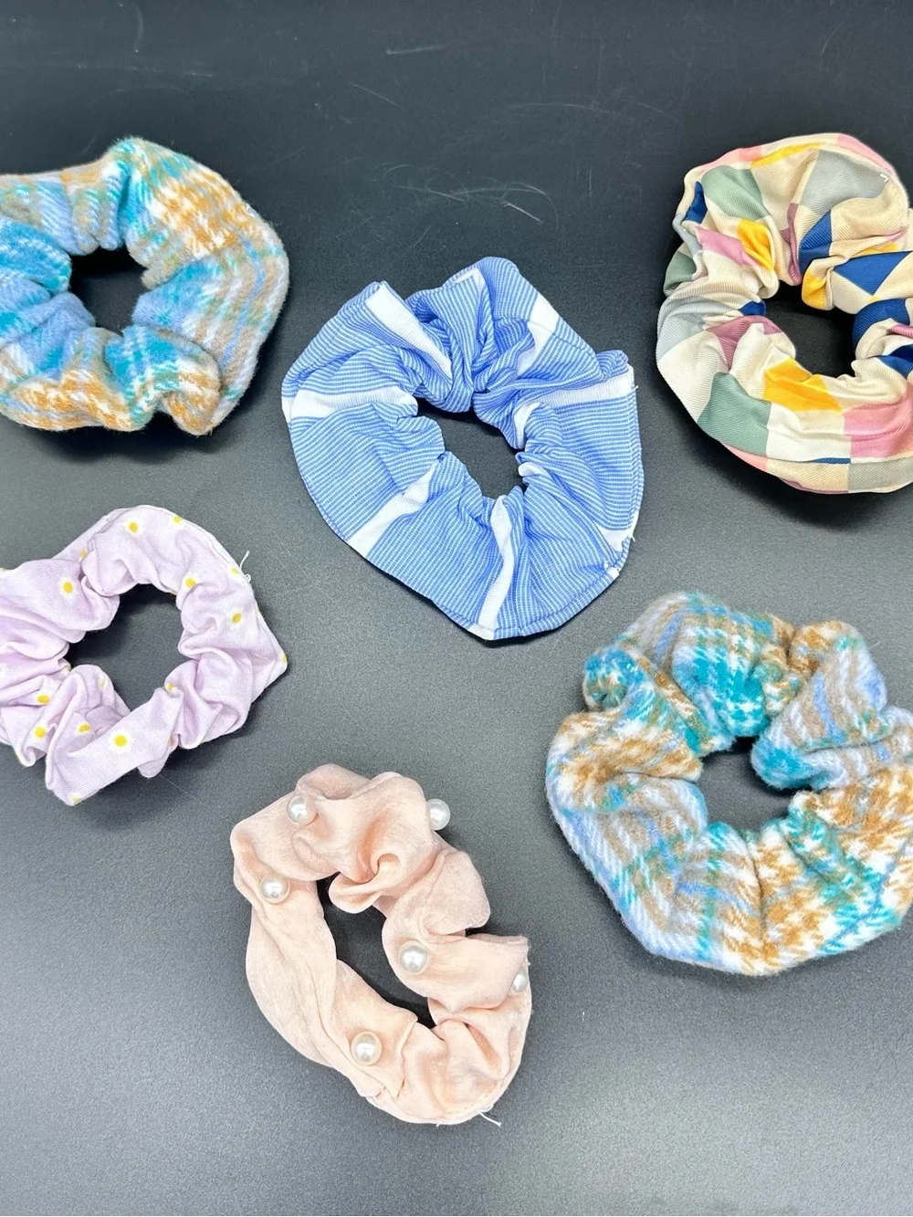 Lot of 6 Fashion Hair Scrunchies Mixed Patterns Plaid Floral Pearls Stripe